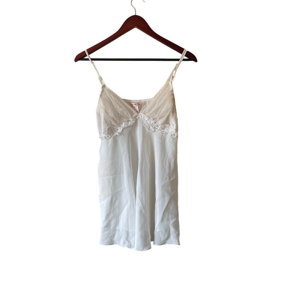 Vintage white teddy lingerie with mesh overlay and floral trim size small
